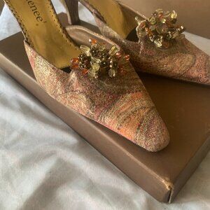 J. Renee Women's Shoes Heels Slides Size 9.5 whit jewels fabric